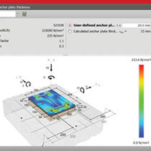 Anchor plate thickness calculator with stress mapping.